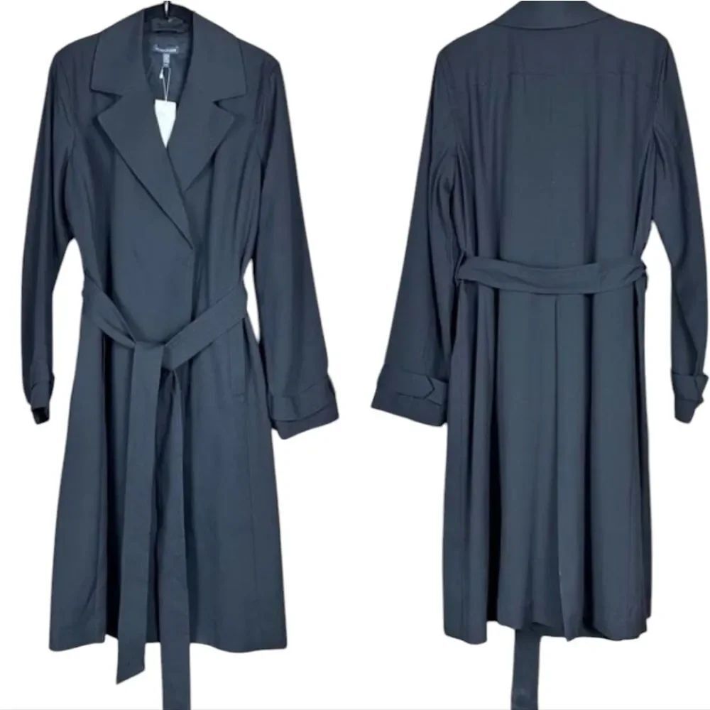 Eileen Fisher Trench Coat Notch Collar Woven Tencel Grain Belted Black Size S
